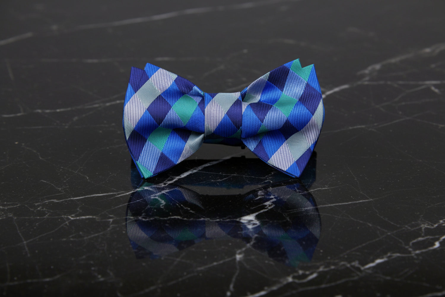 A Green, Dark Green, Grey Geometric Check Pattern Self Tie Bow Tie 