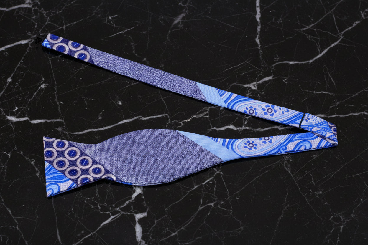 A Blue, Grey Abstract Waves, Paisley, Dot Pattern Self Tie Bow Tie Untied