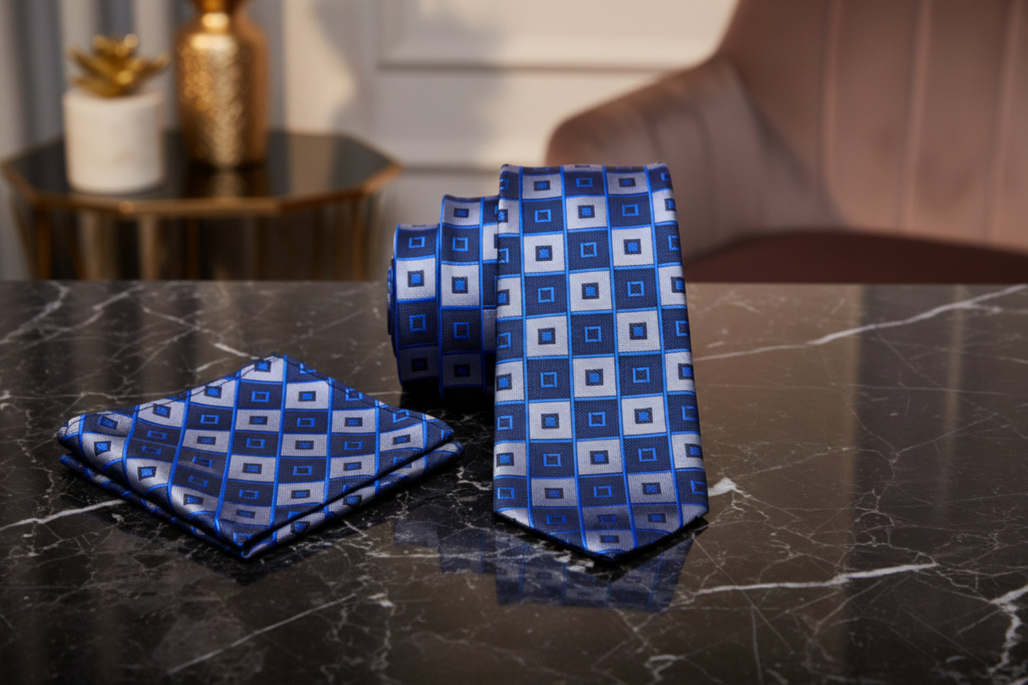 Alt View: Blue and Grey Big Blocks Necktie and Pocket Square