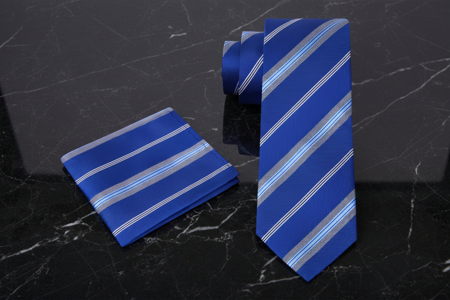 Alt View: A Blue, Grey, White Stripe Pattern Necktie, With Matching Pocket Square