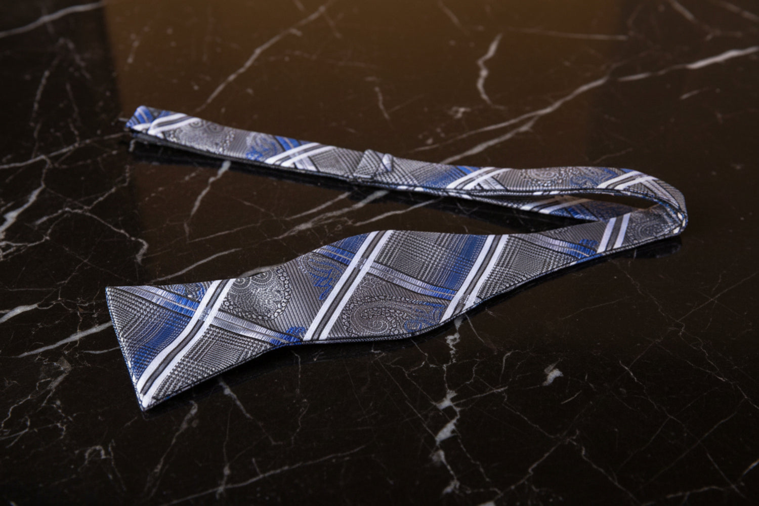 Blue and Grey Crest Paisley Self Tie Bow Tie