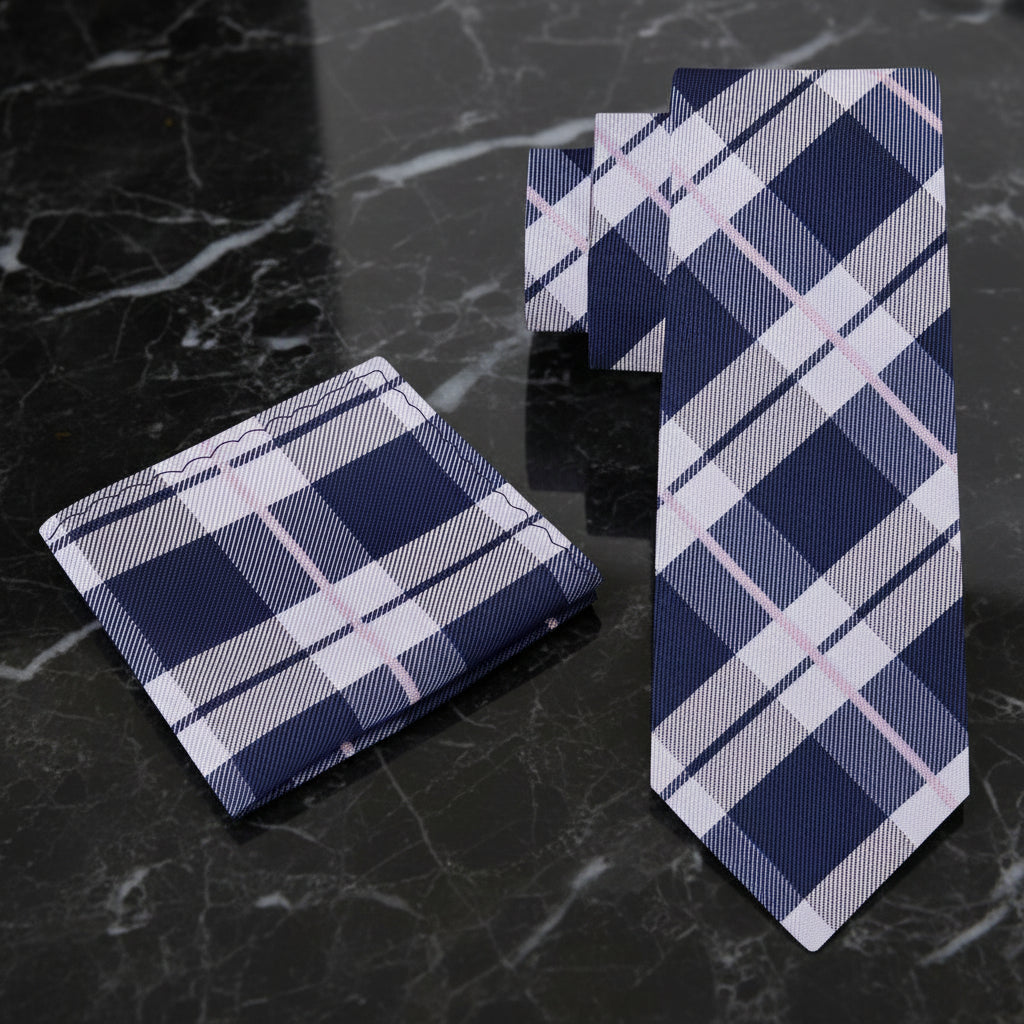 Alt view: A Navy Blue, Grey, Salmon Plaid Pattern Necktie, With Matching Pocket Square