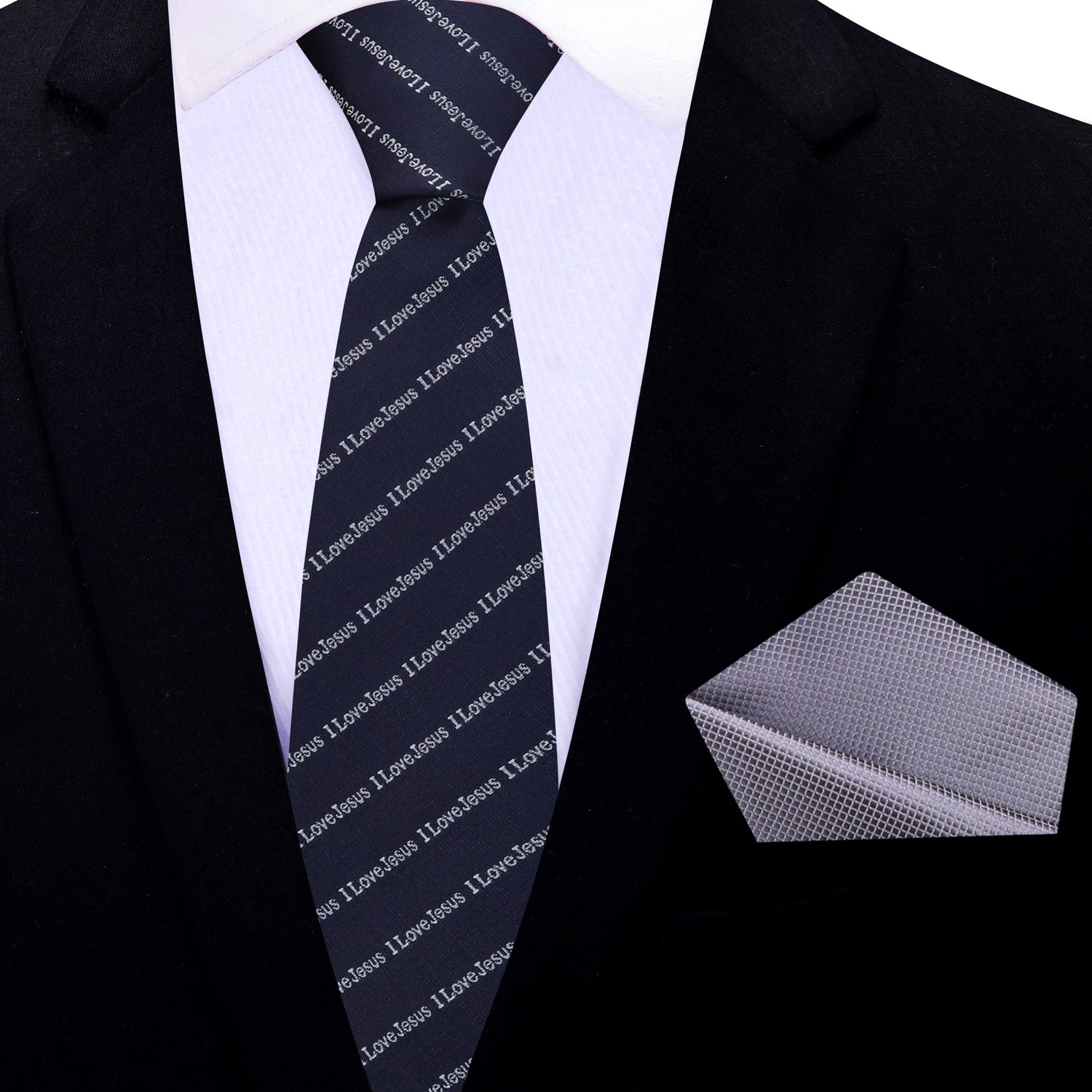 Thin Tie: Navy Blue, Grey "I love Jesus" Tie and Grey Square
