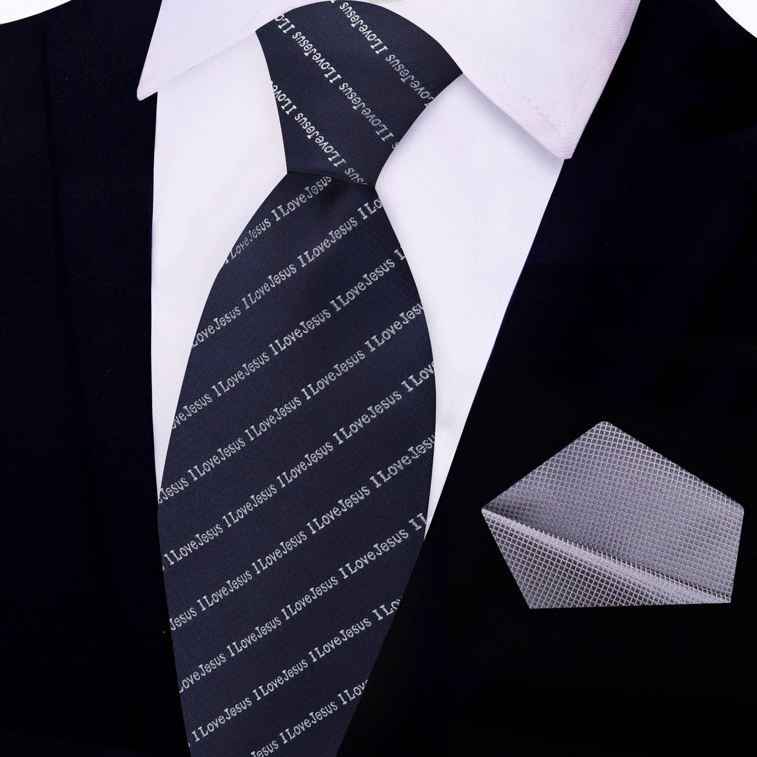 View 2: Navy Blue, Grey "I love Jesus" Tie and Grey Square