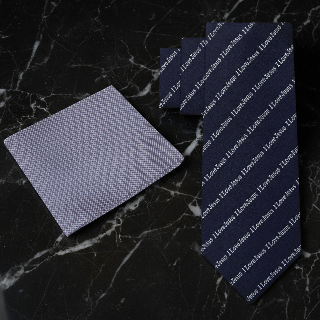 Alt View; Navy Blue, Grey "I love Jesus" Tie and Grey Square