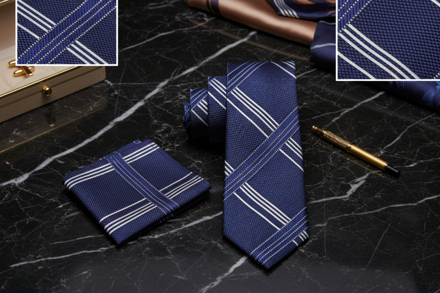 Alt View: Deep Blue Grey Intersecting Lines Tie and Pocket Square