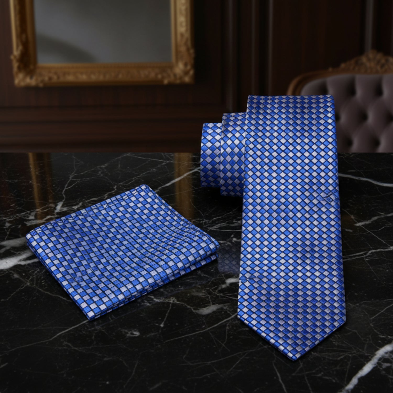 Alt View: A Blue, Grey Check Pattern Silk Necktie, Matching Pocket Square