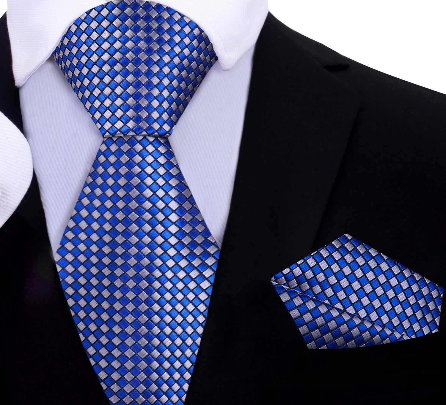 A Blue, Grey Check Pattern Silk Necktie, Matching Pocket Square