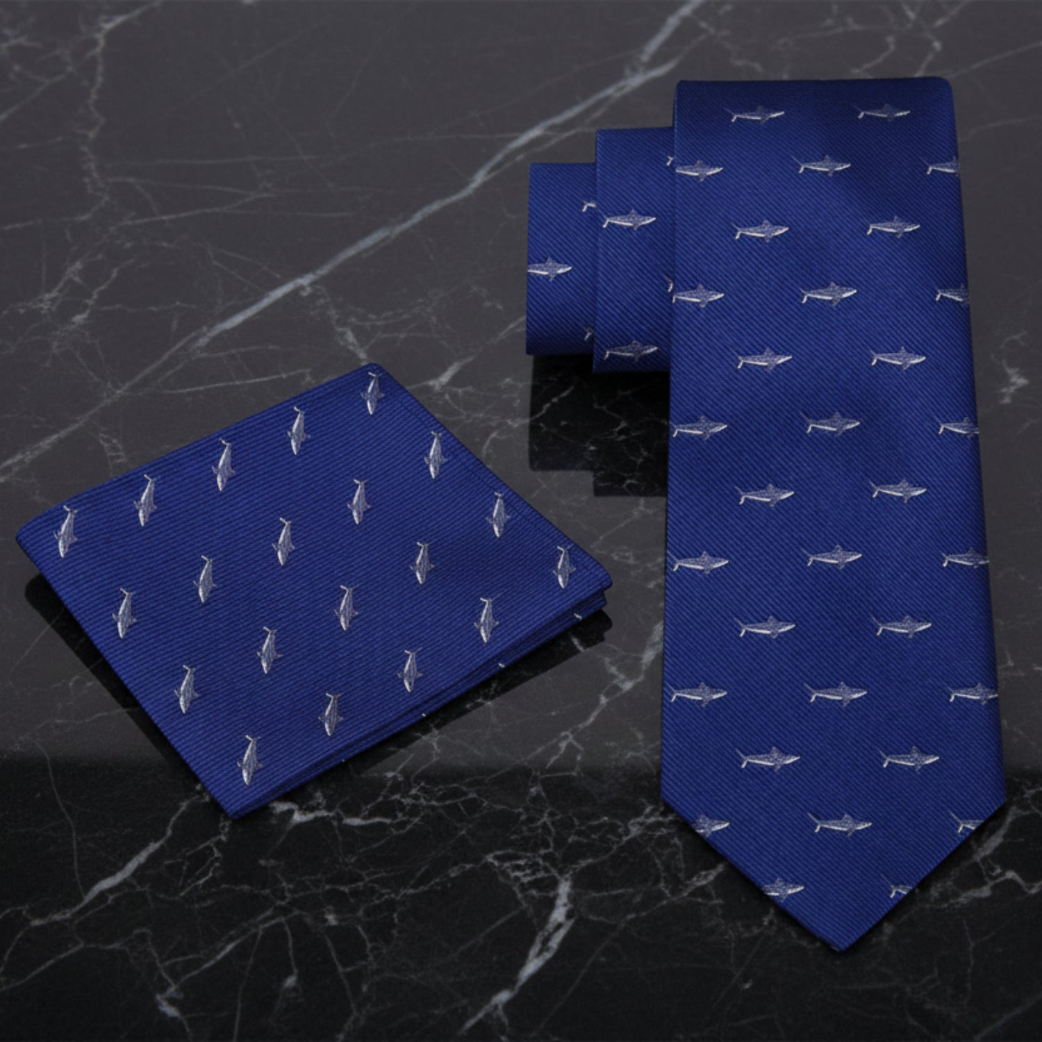 Alt View: Deep Blue, Grey, White Great White Shark Tie and Pocket Square