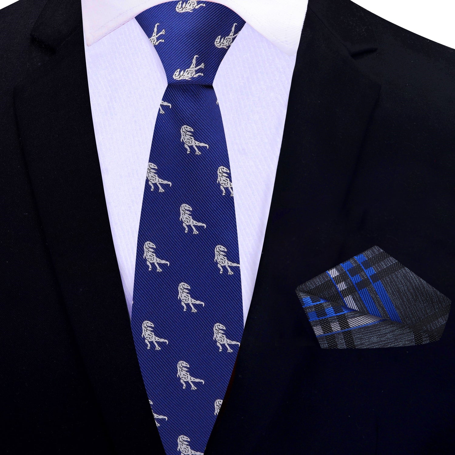 Thin Tie: Blue, Grey T-Rex Necktie and Accenting Pocket Square