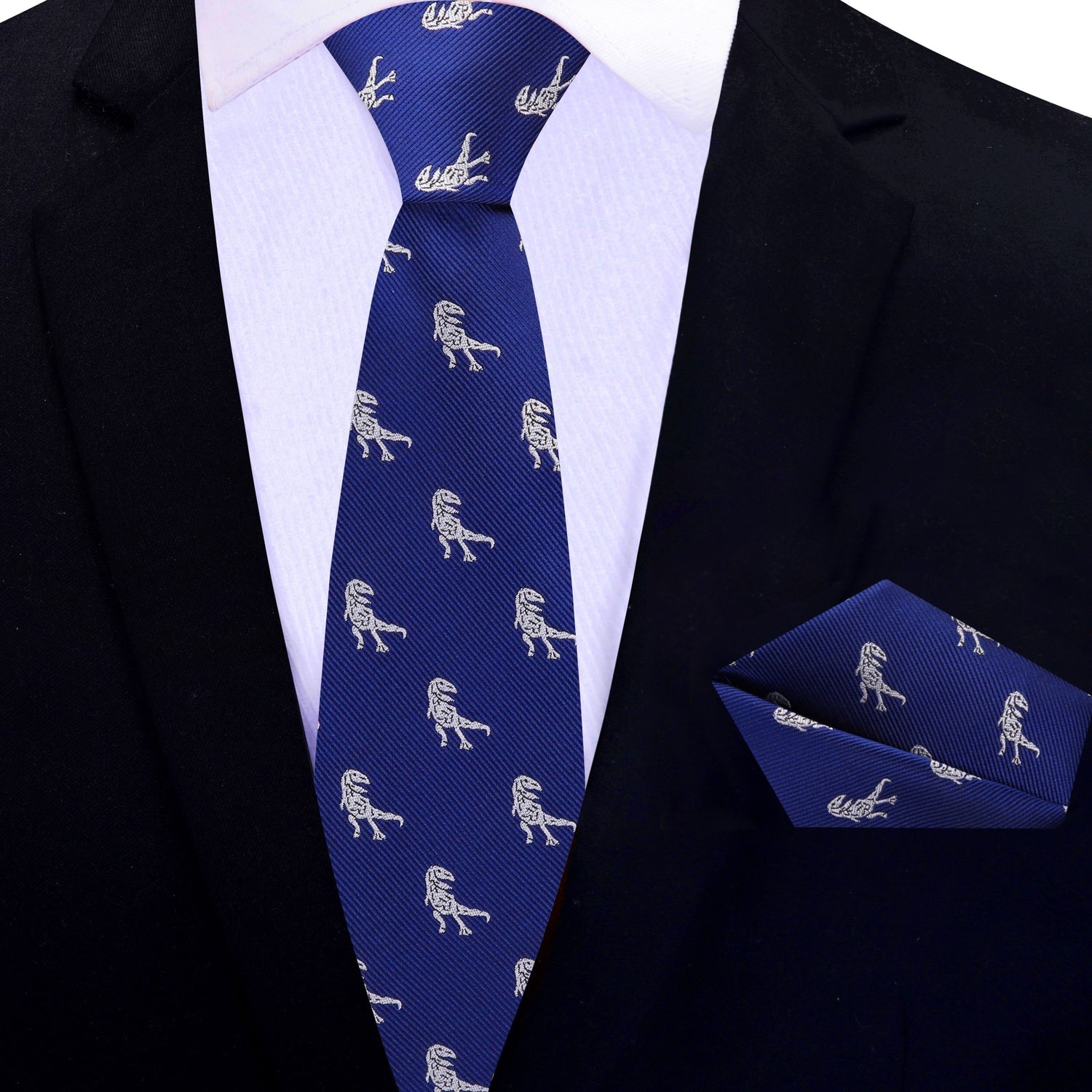 Thin Tie: Blue, Grey T-Rex Necktie and Matching Pocket Square