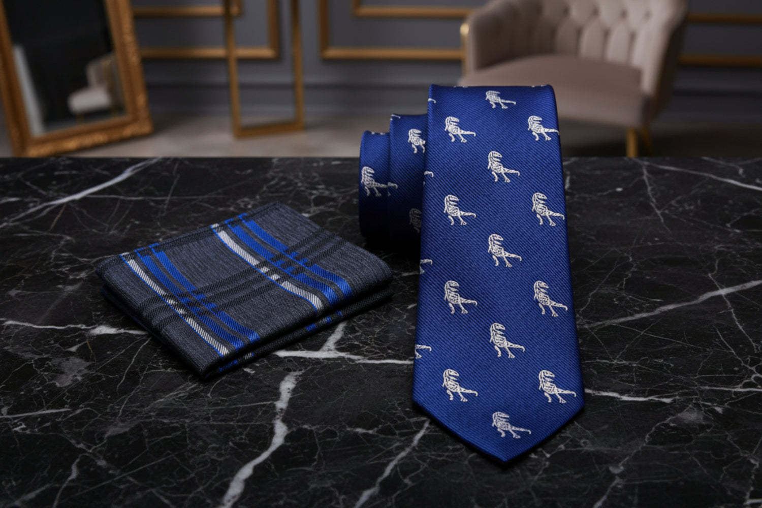 Alt view: Blue, Grey T-Rex Necktie and Accenting Pocket Square
