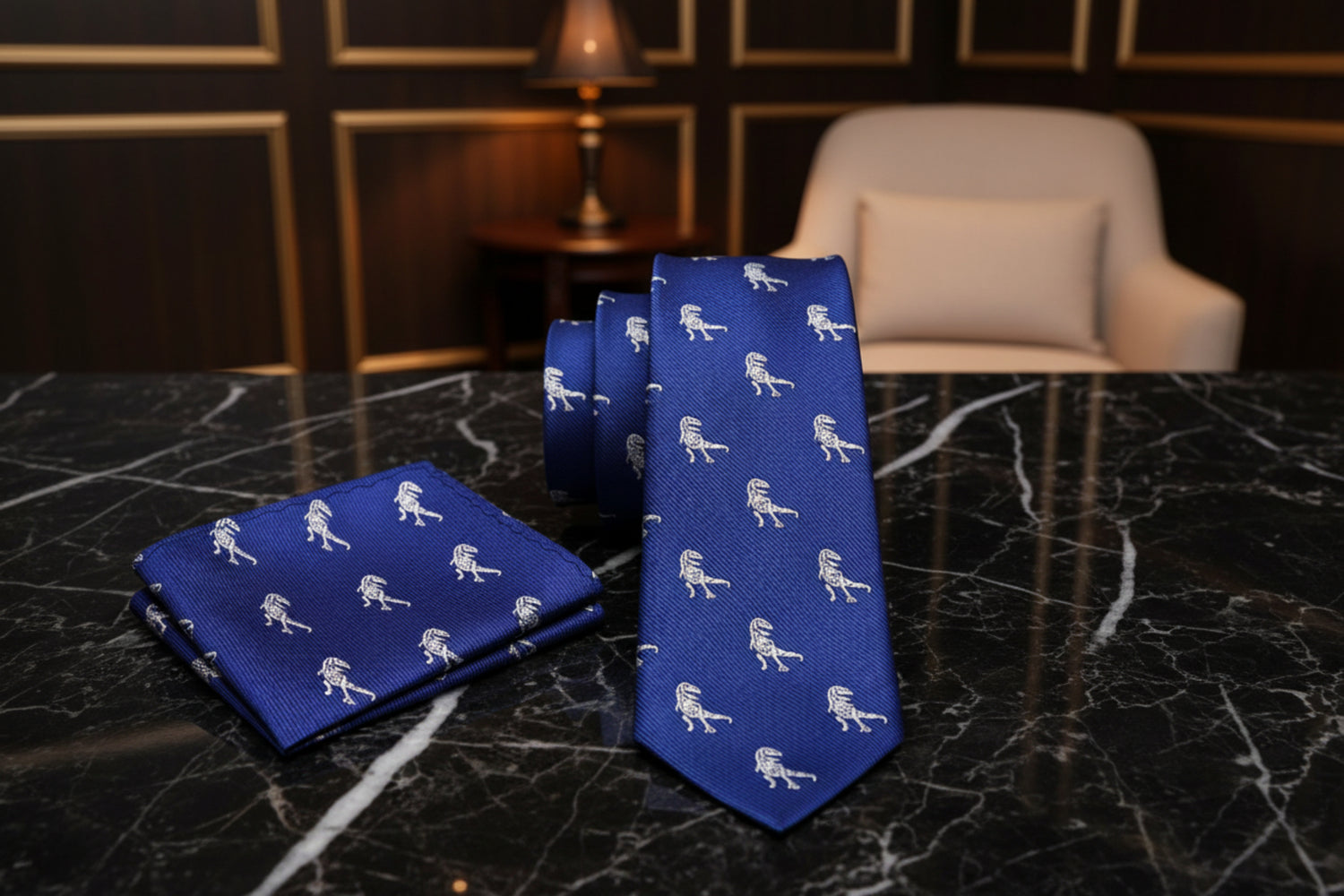 Alt View: Blue, Grey T-Rex Necktie and Matching Pocket Square