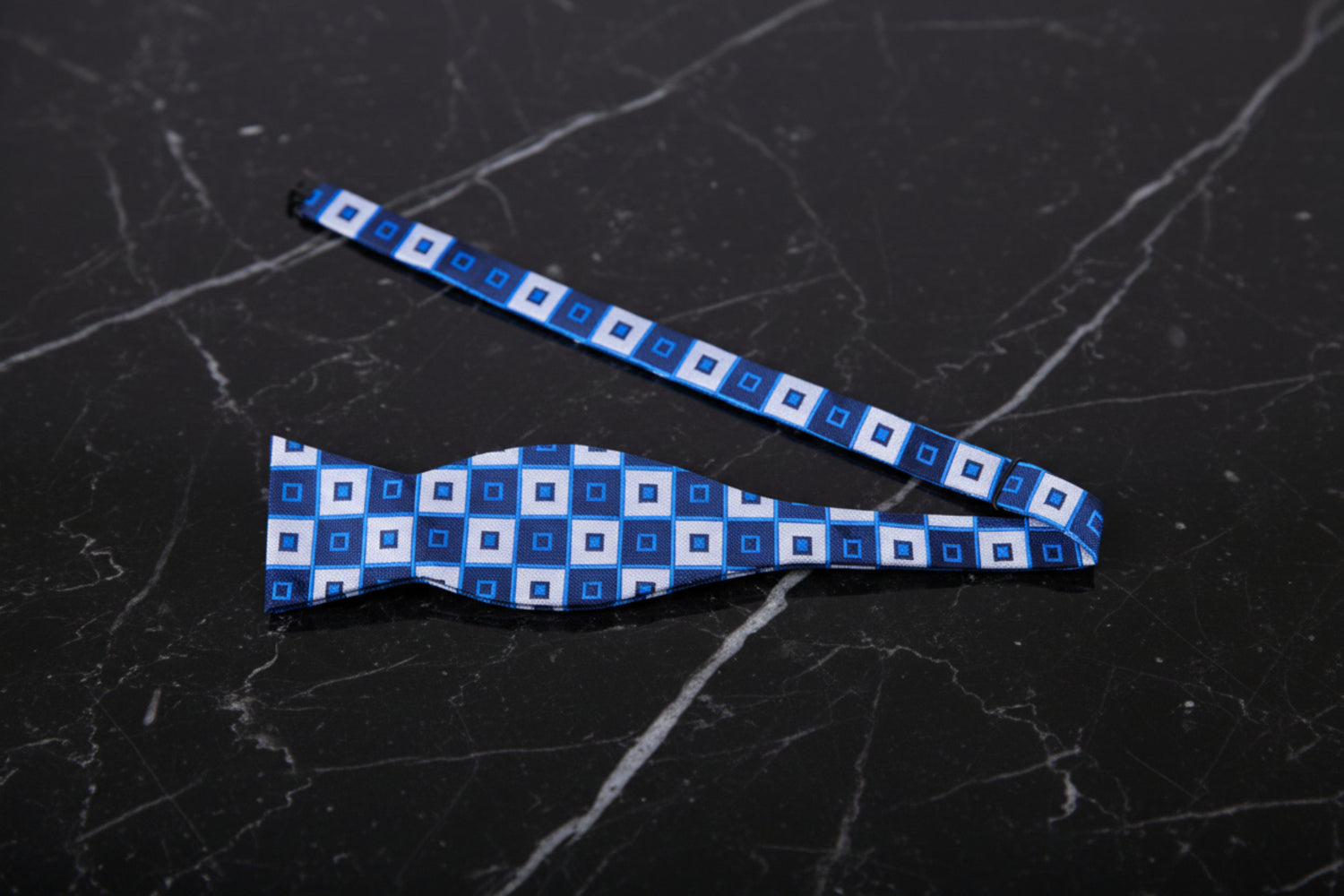 Blue Grey Big BIocks Geometric Bow Tie Untied