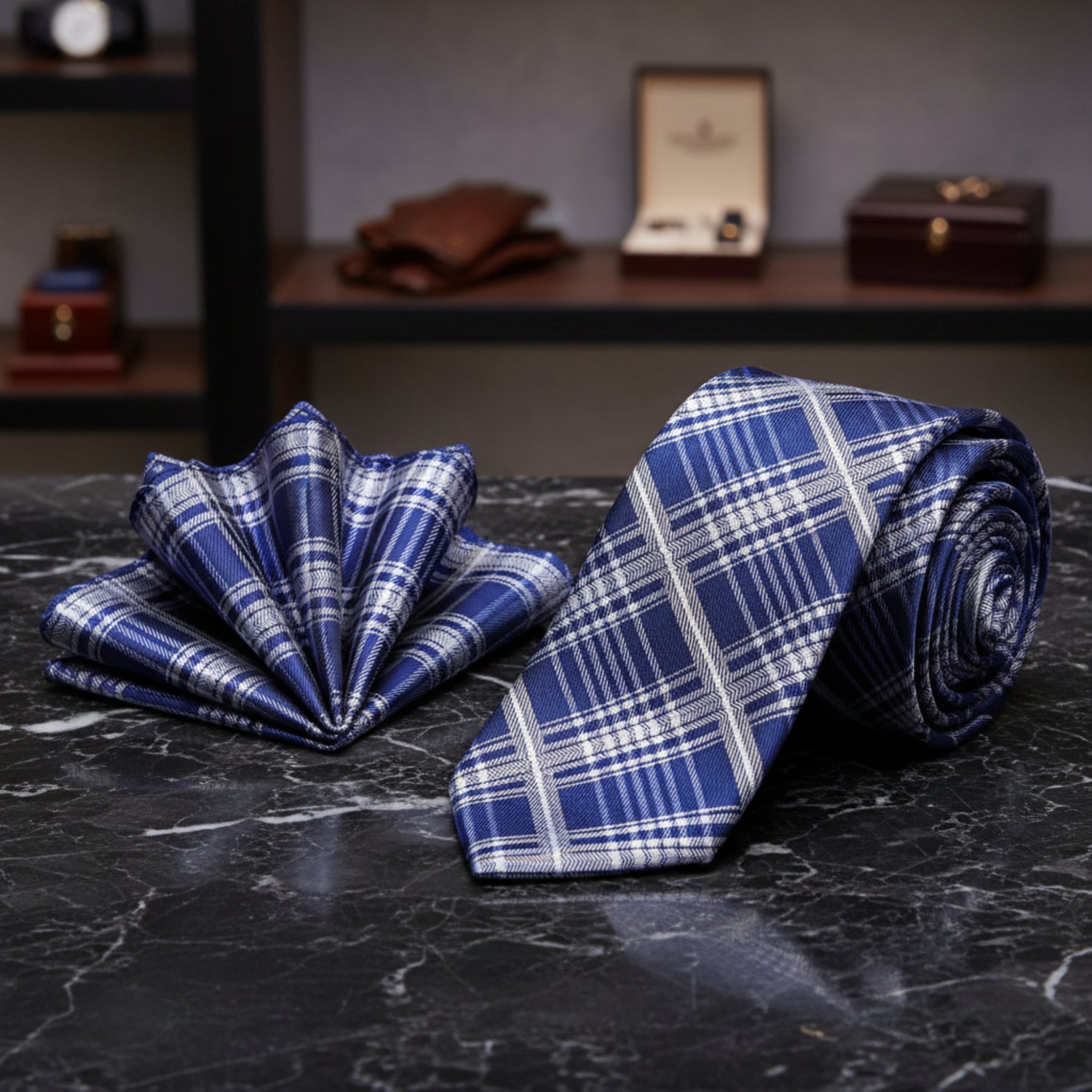 Alt View: A Blue, Grey Plaid Pattern Necktie, Matching Pocket Square