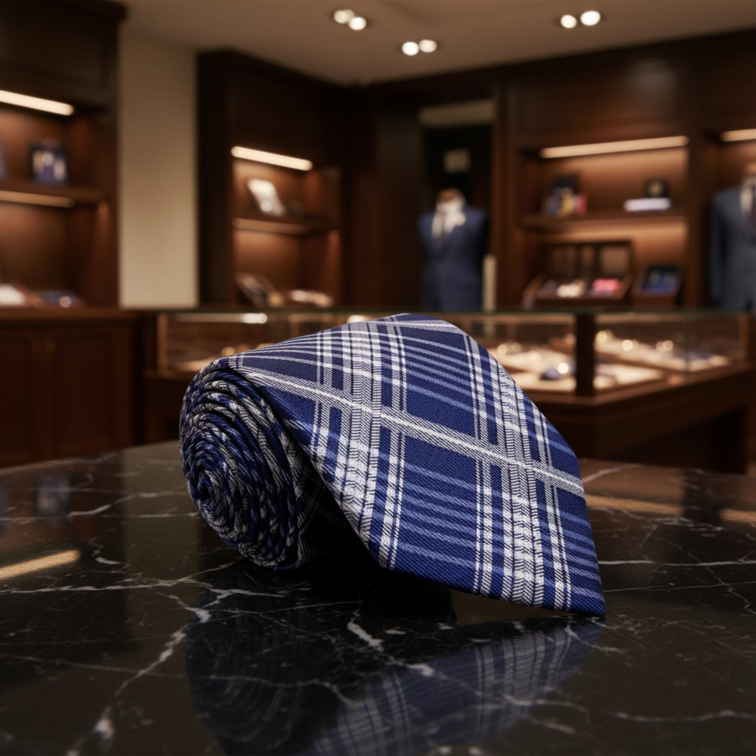 A Blue, Grey Plaid Pattern Necktie