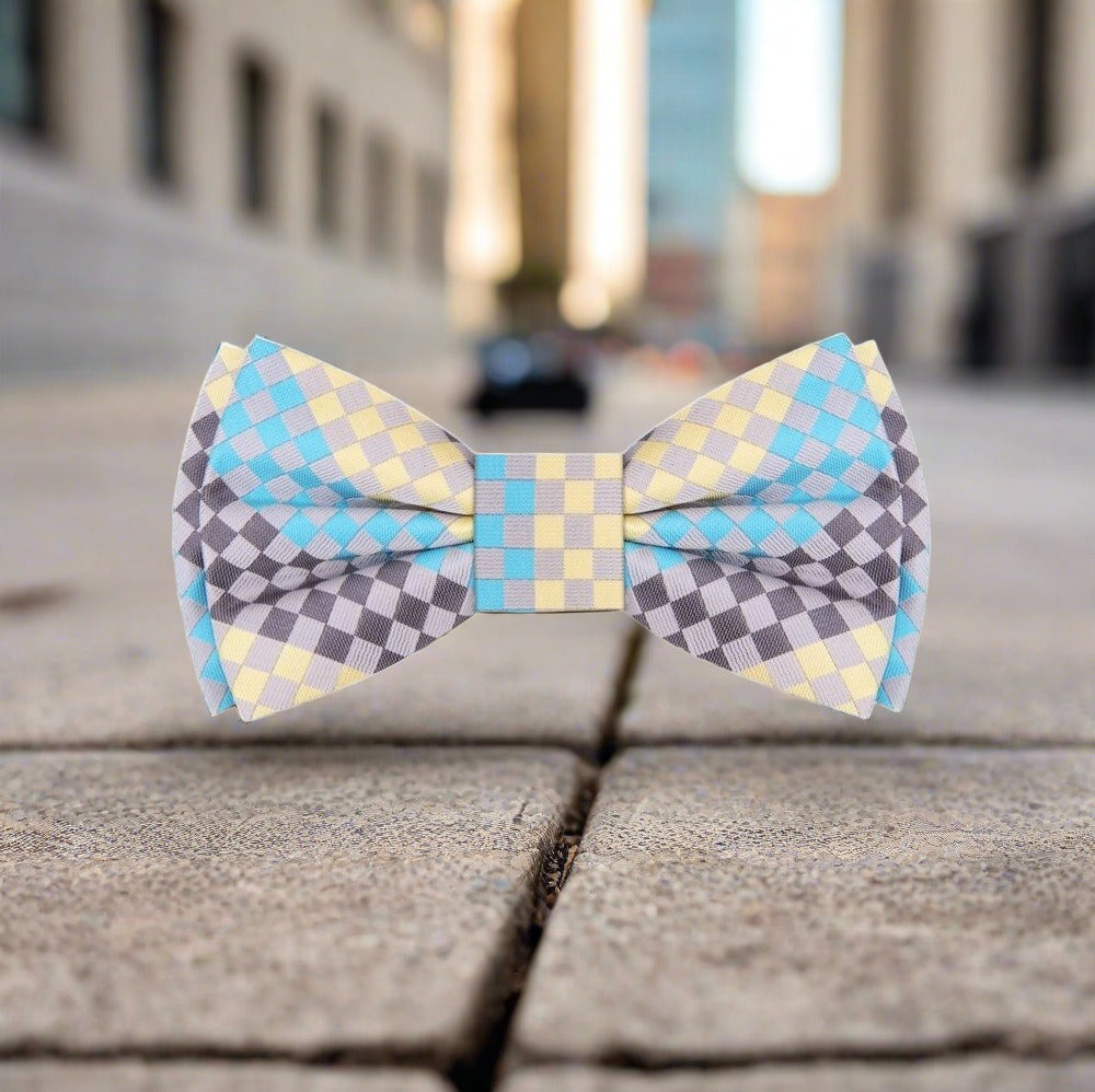 Light Yellow, Light Blue, Grey Geometric Bow Tie 