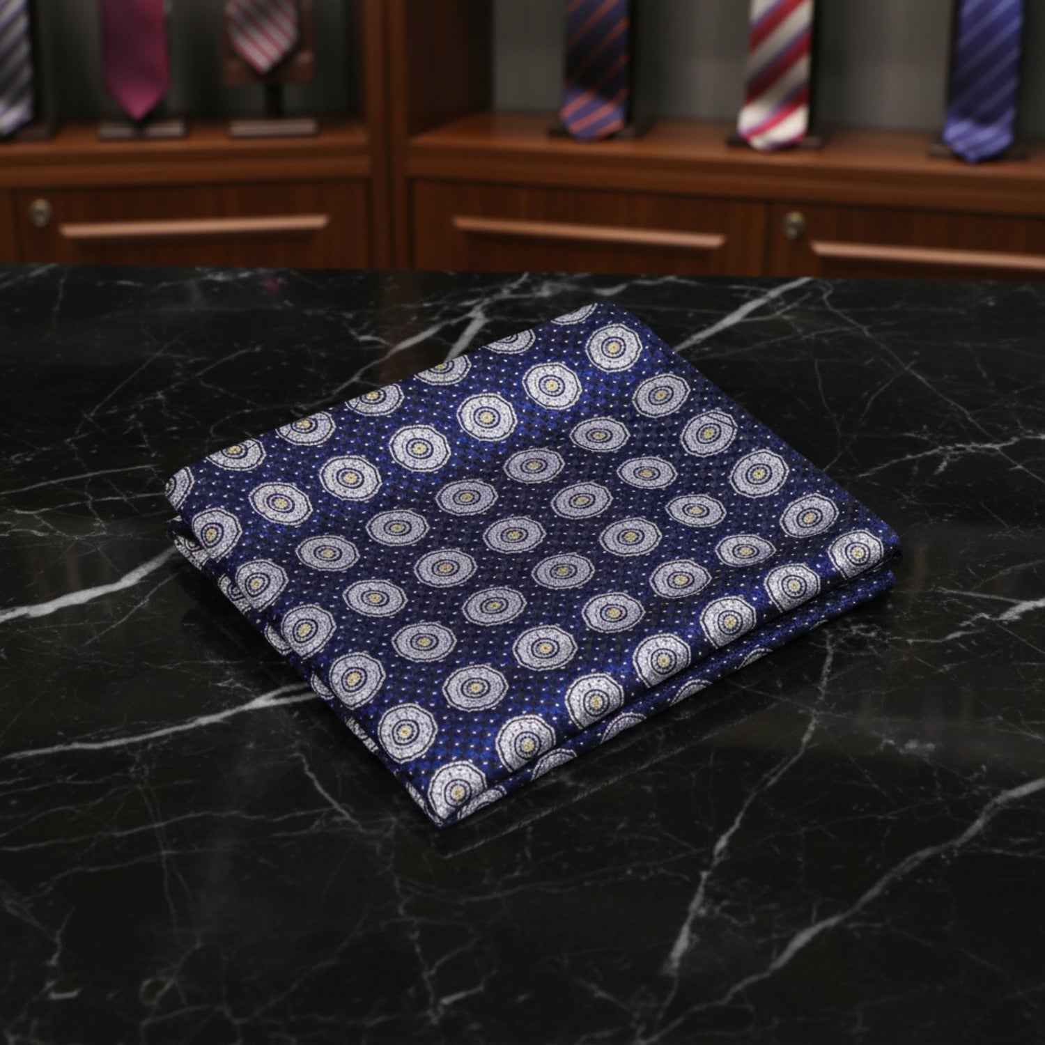 A Blue, Yellow Geometric Circles Pattern Pocket Square