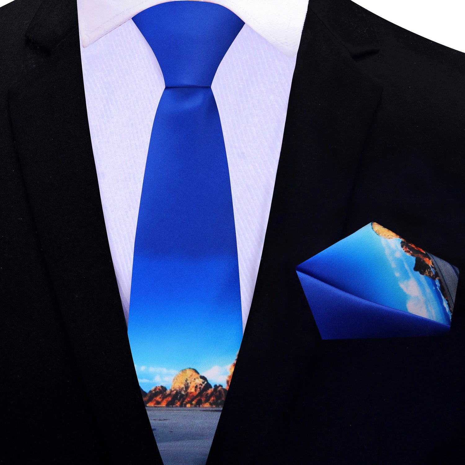 Thin Tie: Blue, Brown and Black Sandy Beach Necktie and Pocket Square