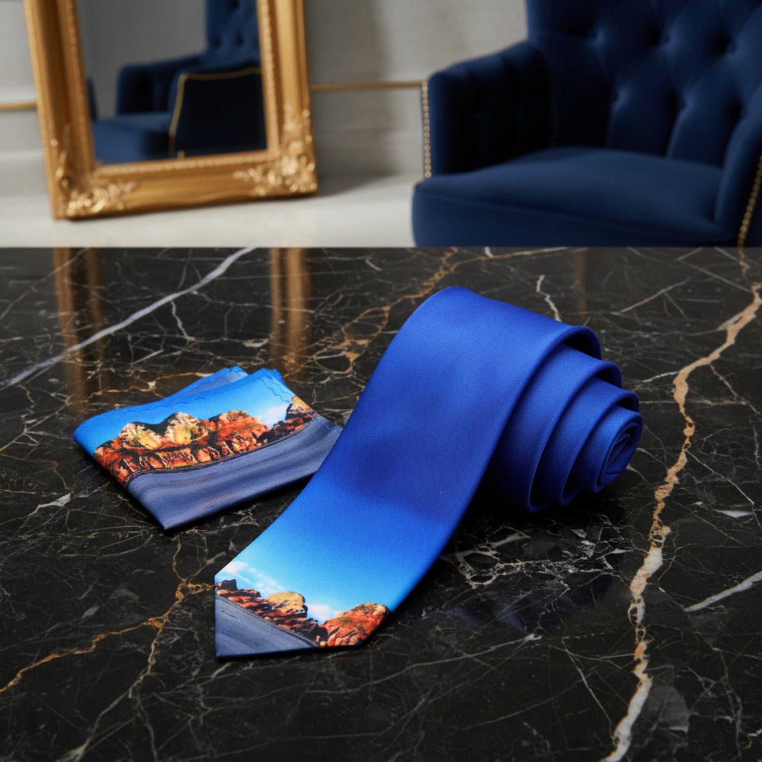 Alt View: Blue, Brown and Black Sandy Beach Necktie and Pocket Square