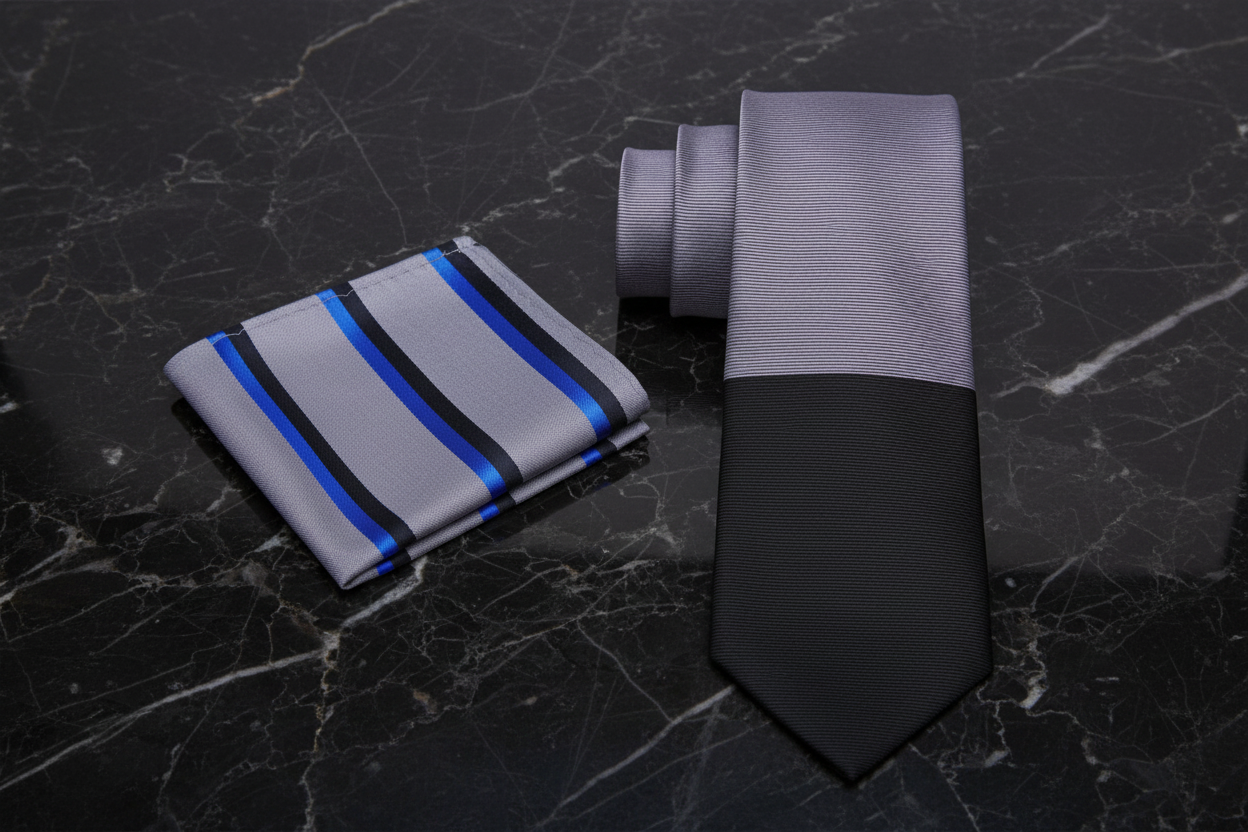 Alt View: Grey, Black, Blue Stripe Tie and Accenting Stripe Square