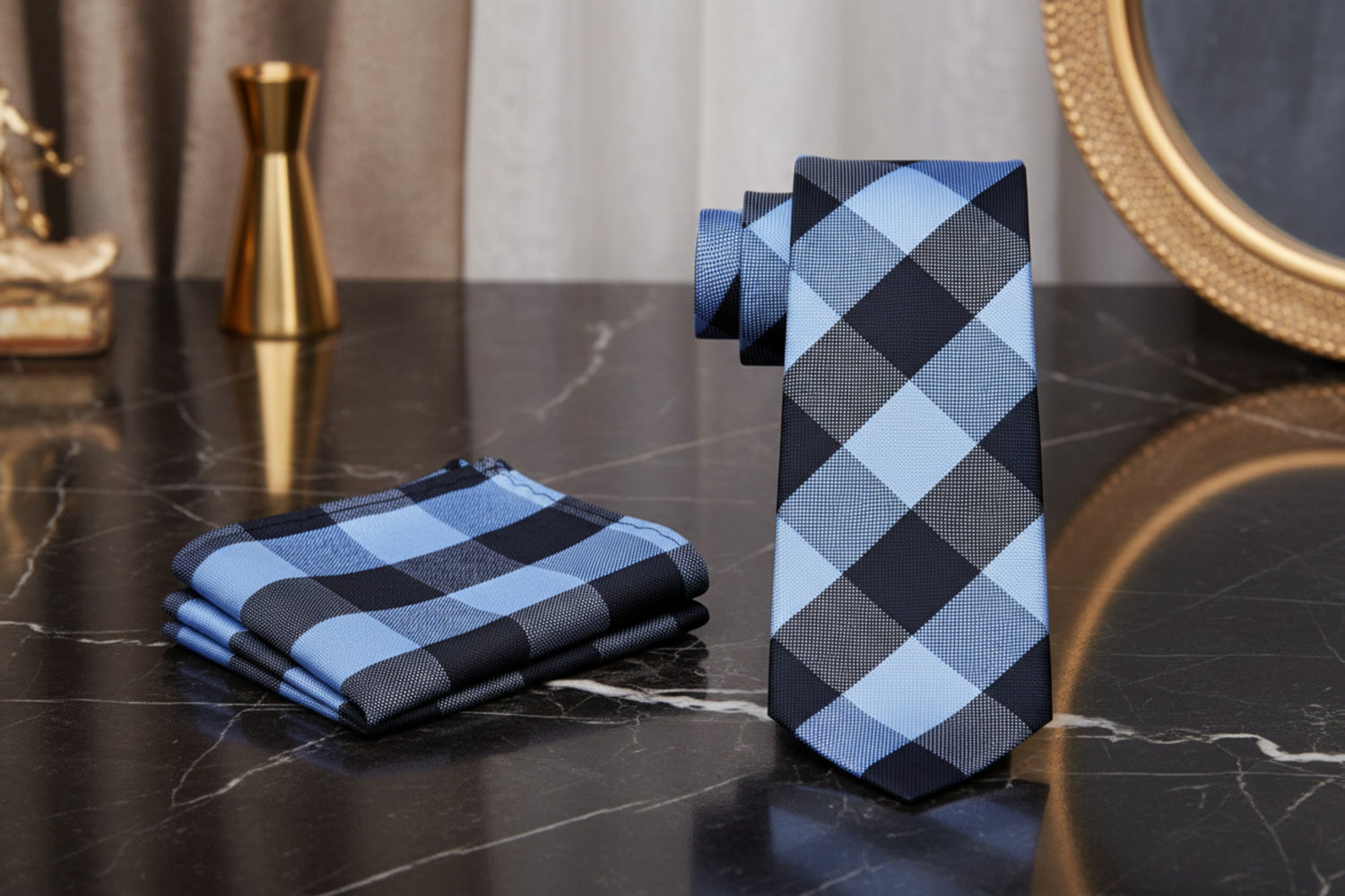 Alt View: A Blue, Dark Blue Plaid Pattern Necktie, Matching Pocket Square