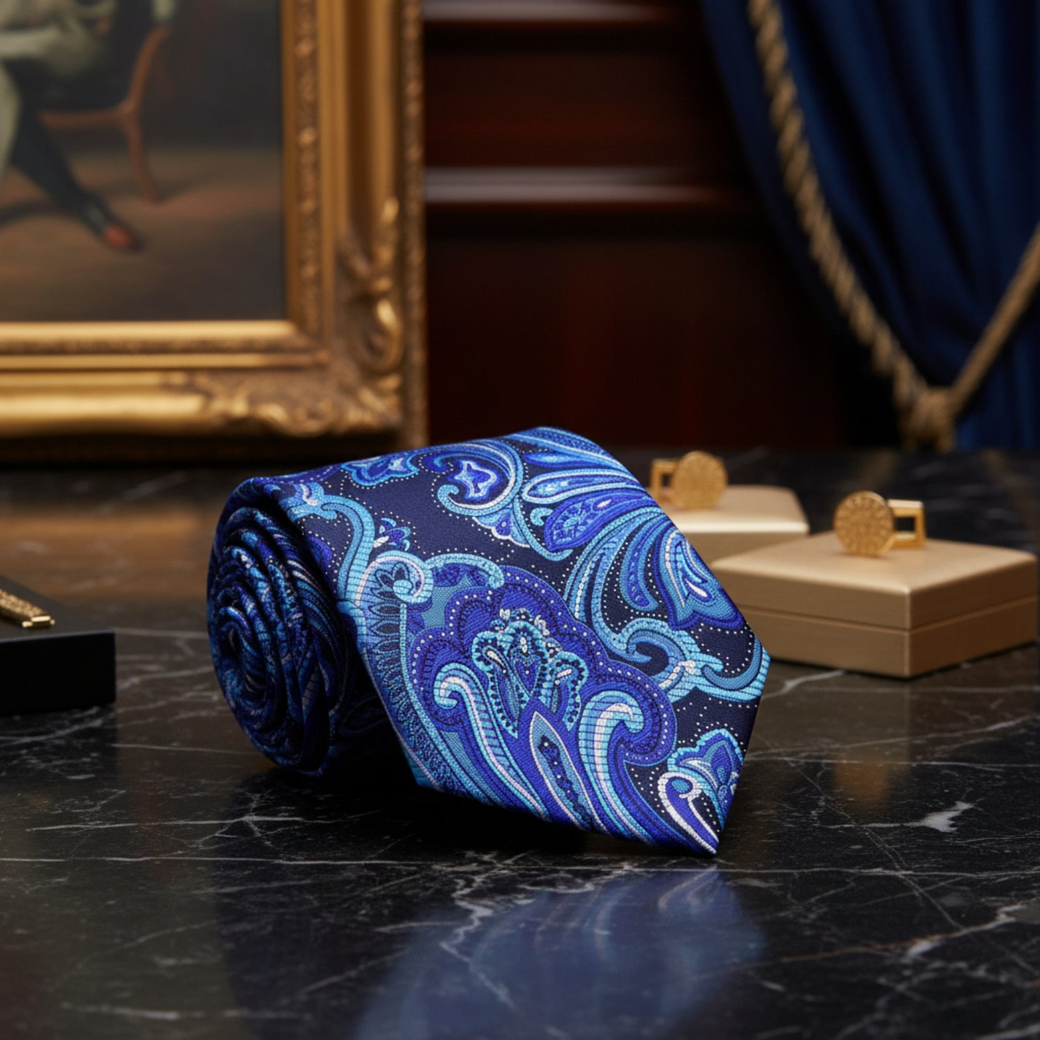 Dark Blue, Light Blue Paisley Tie 