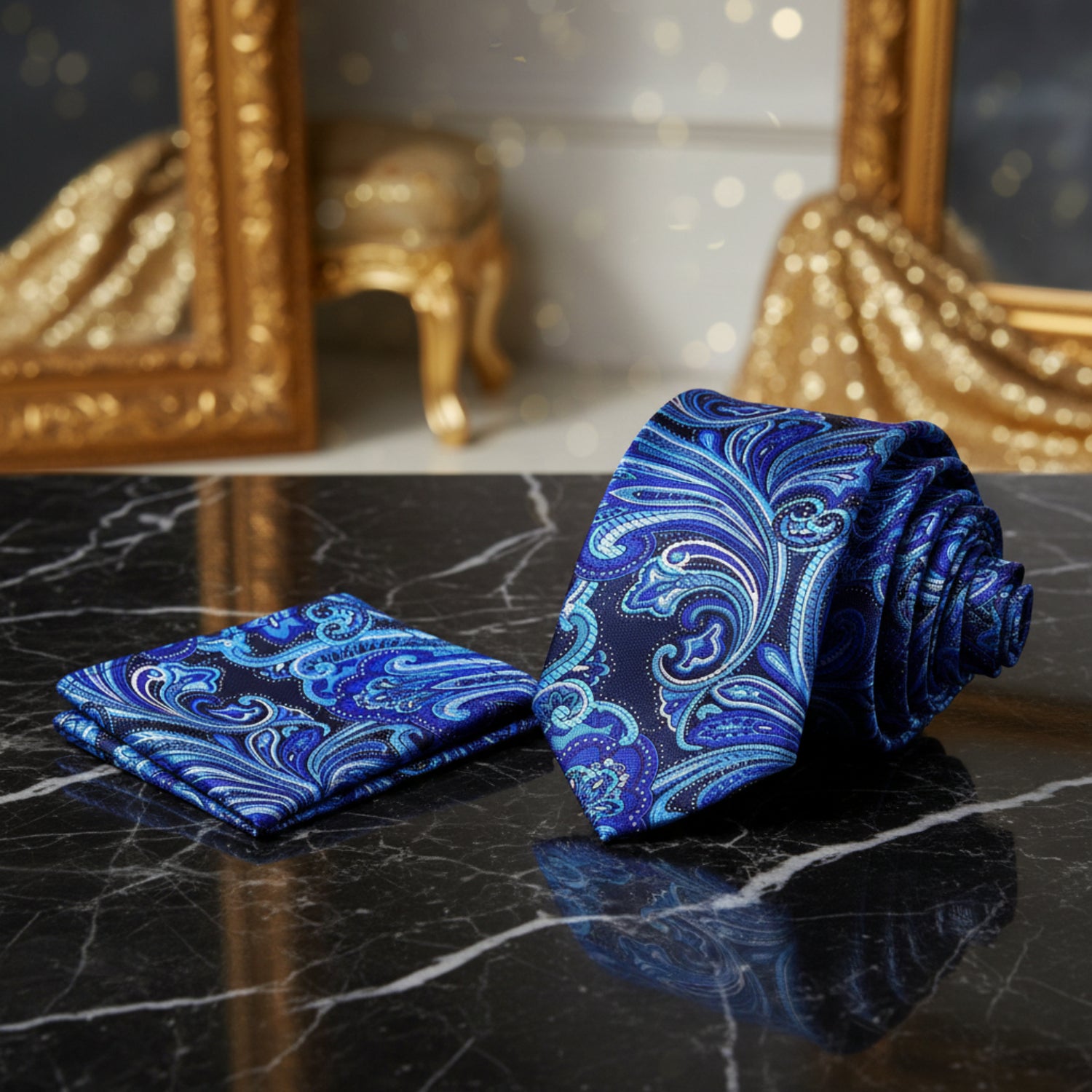Blue Black Paisley Tie and Square View 2