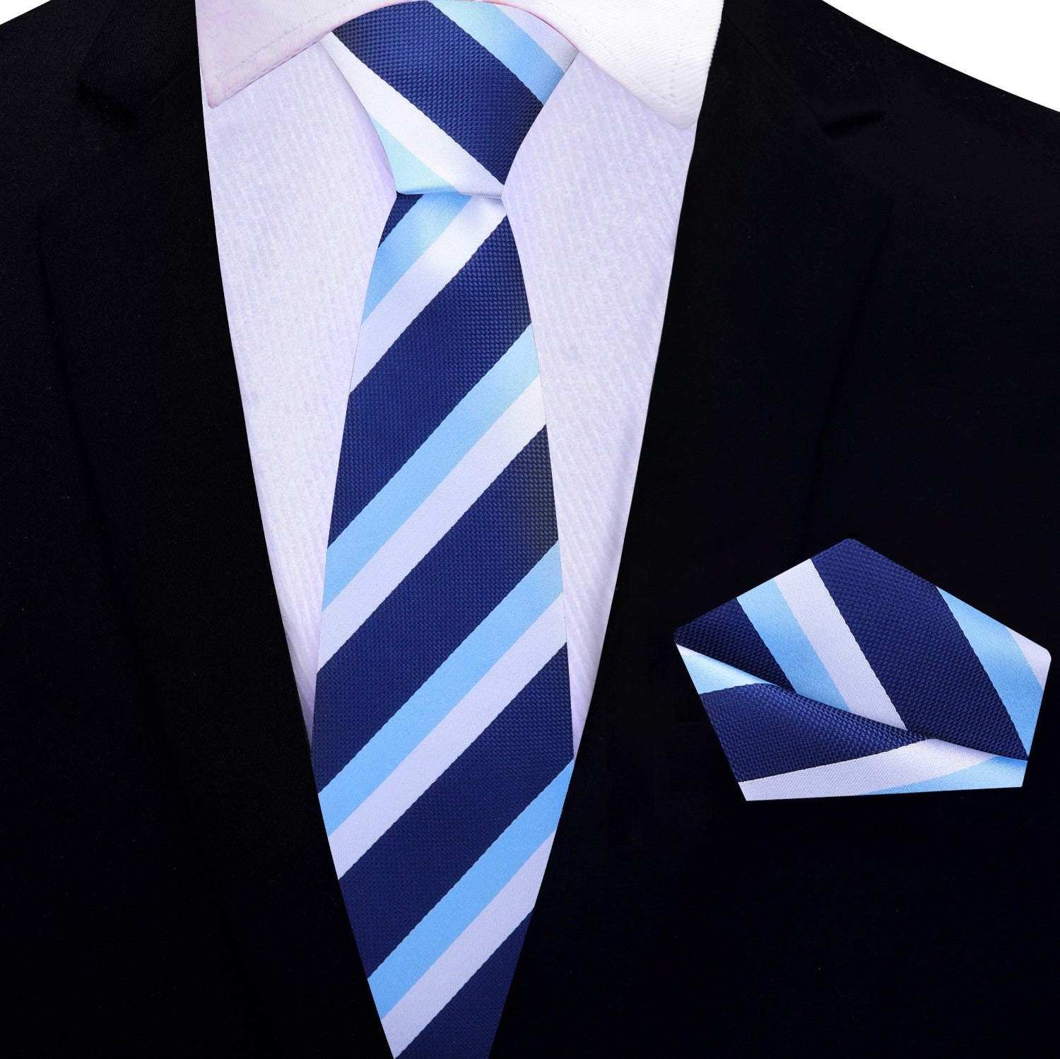 Blue, Light Blue, White Block Stipe Thin Tie and Square