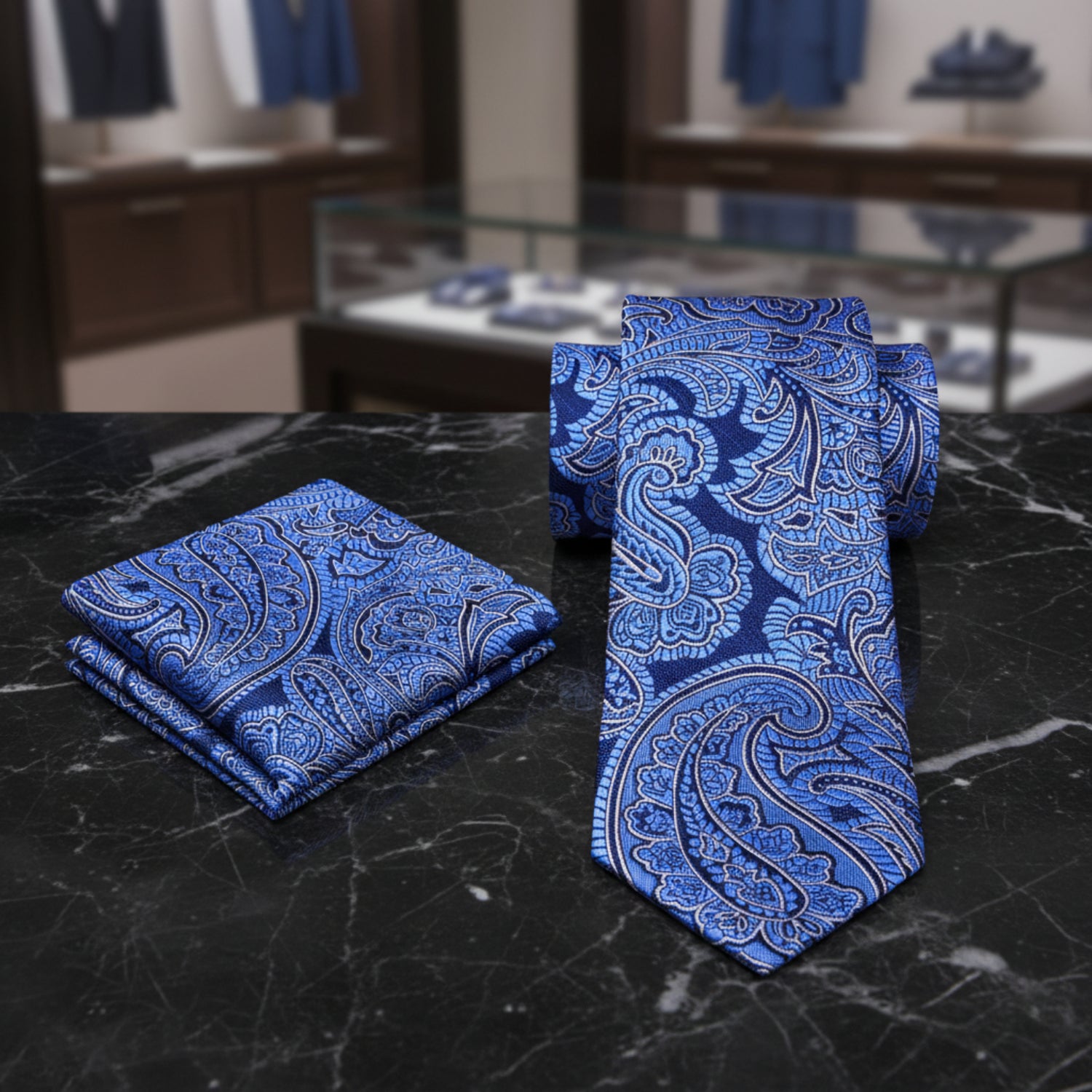 Alt View: A Blue, Dark Blue Paisley Pattern Necktie, Matching Pocket Square