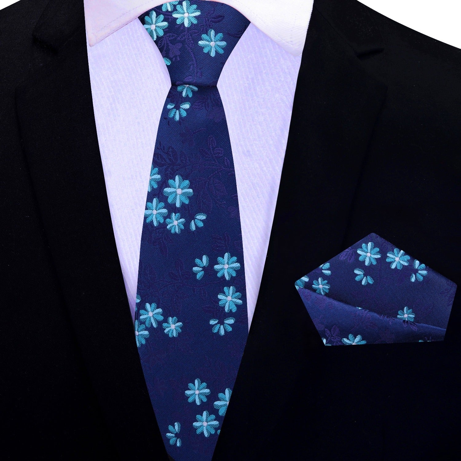 Deep Blue, Light Blue and Purple Vines and Flowers Thin Tie and Pocket Square
