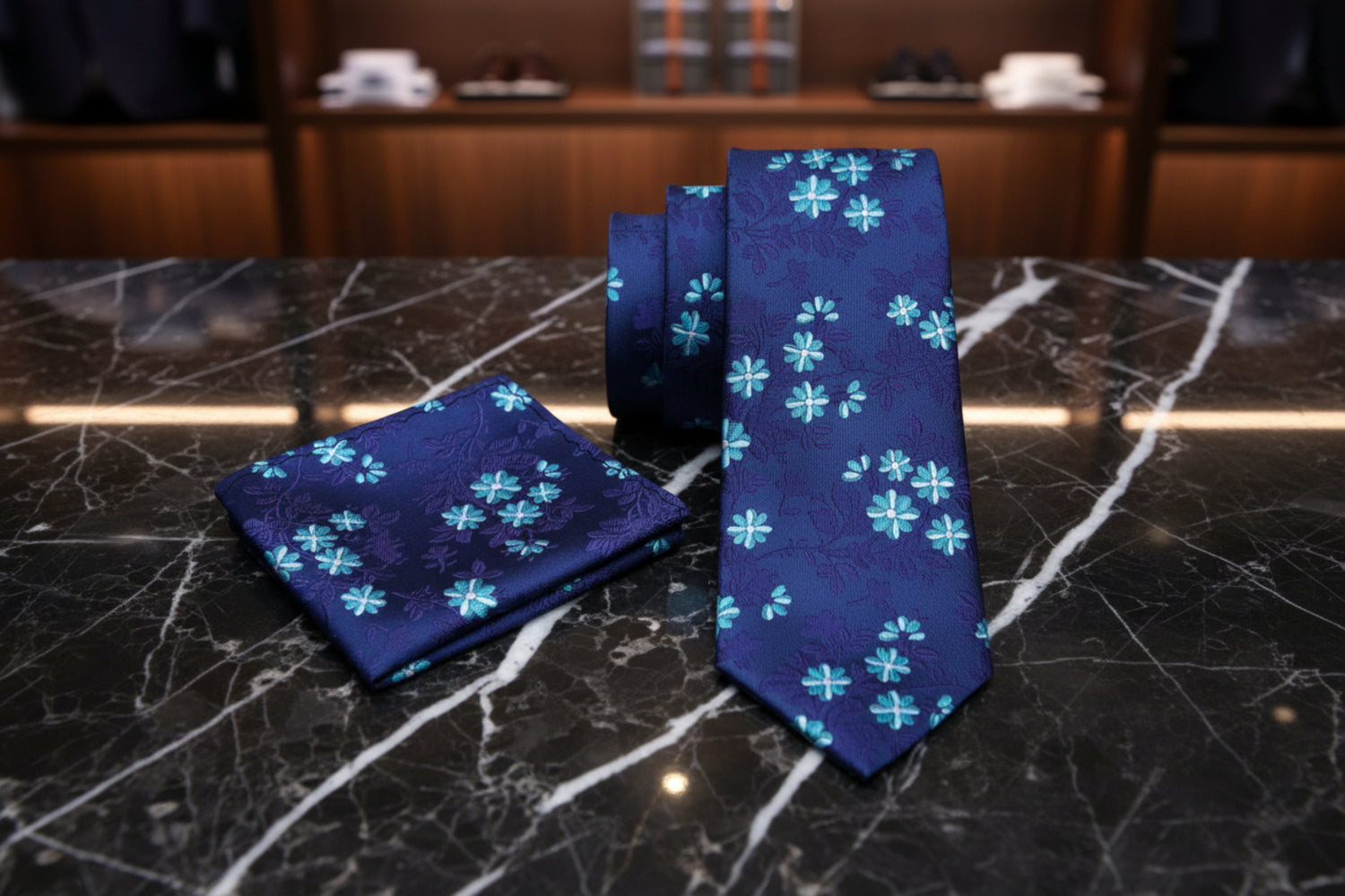 Alt View: Deep Blue, Light Blue and Purple Vines and Flowers Tie and Pocket Square