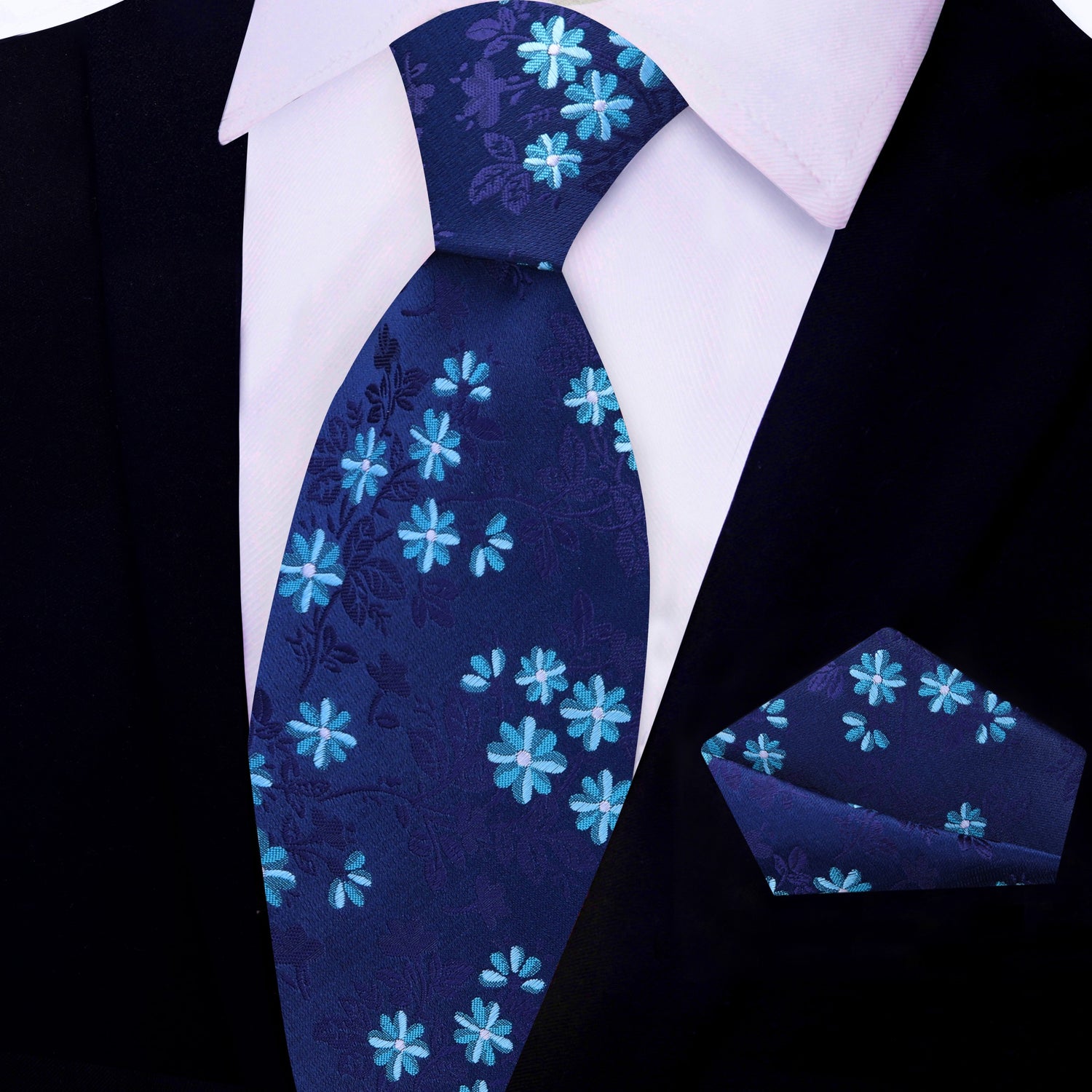 Deep Blue, Light Blue and Purple Vines and Flowers Tie and Pocket Square