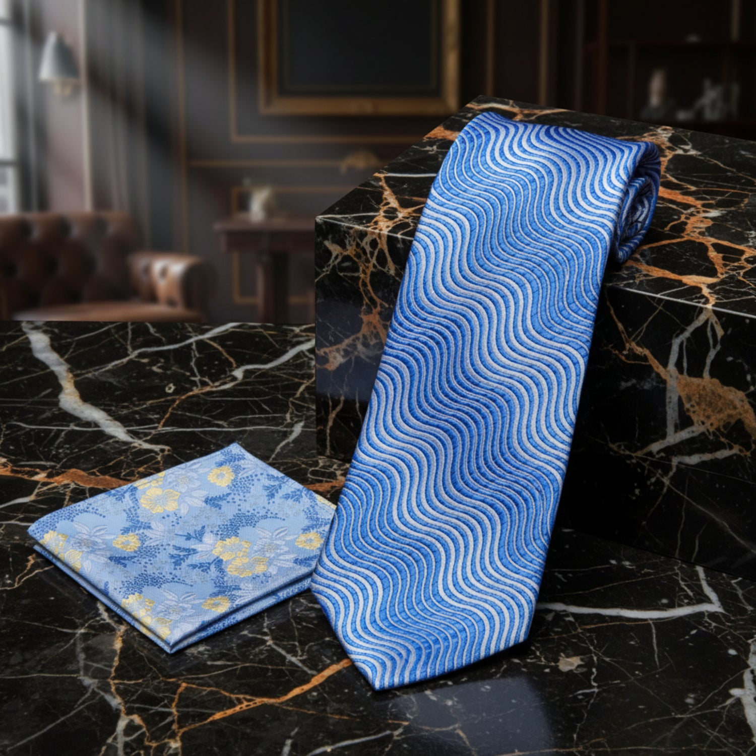 Alt View: Shades of Blue Wavy Lines Necktie with Shades of Blue and Yellow Floral Pocket Square
