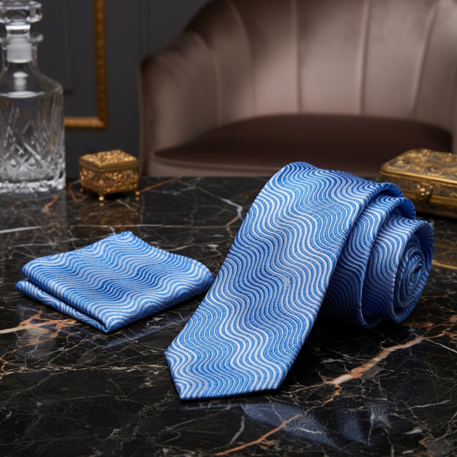 Alt view: Shades of Blue Wavy Lines Necktie with Matching Pocket Square