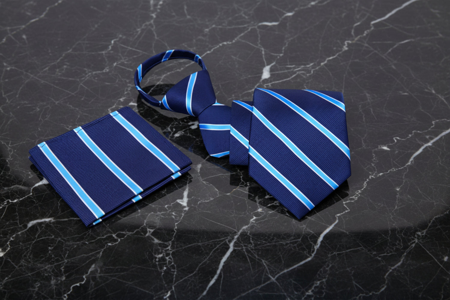 Dark Blue, Light Blue Stripe zipper Tie and Pocket Square