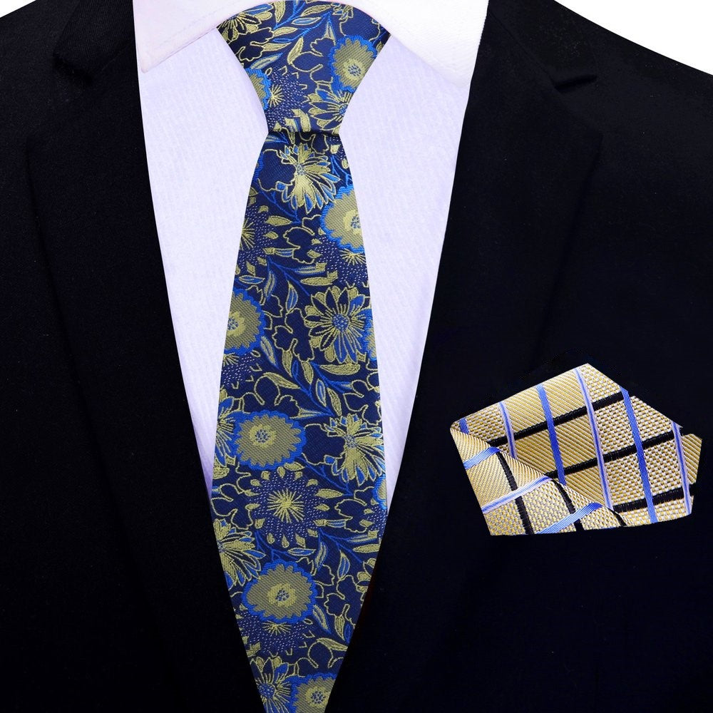 Thin Tie: Dark Blue and Yellow Gold Floral Tie and Pocket Square