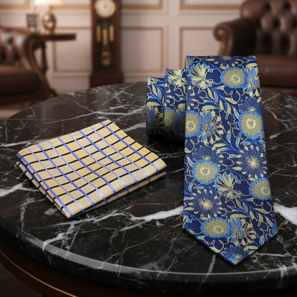Alt View: Dark Blue and Yellow Gold Floral Tie and Pocket Square