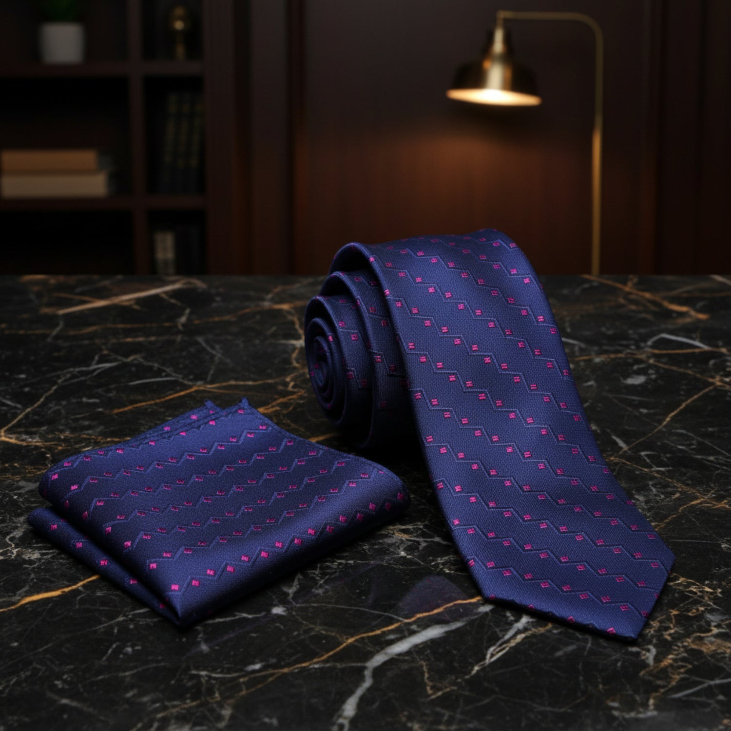 Alt View: Blue and Pink Necktie and Pocket Square
