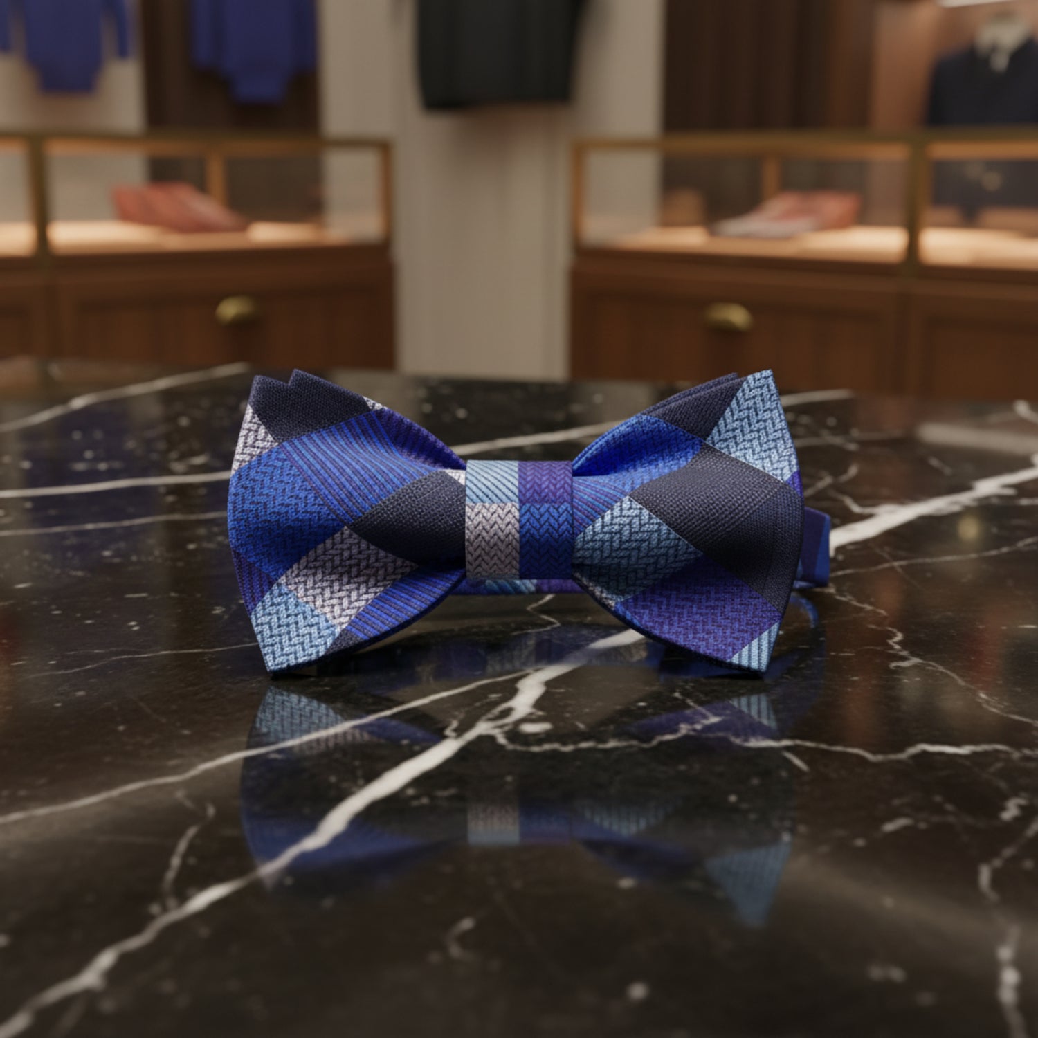 A Blue, Light Blue Checker Pattern Self Tie Bow Tie 