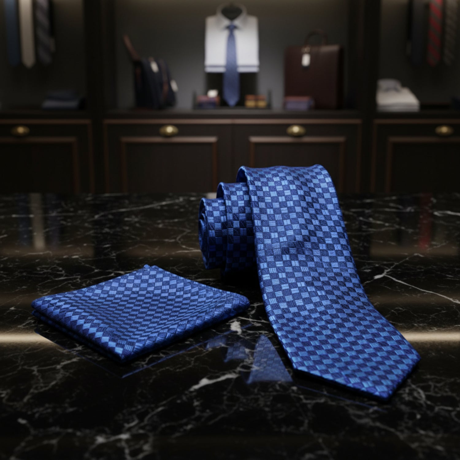 Alt View: A Blue, White Geometric Squares Pattern Necktie, Matching Pocket Square