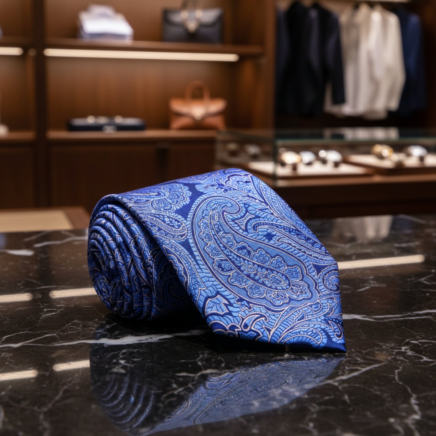 A Blue, Dark Blue Paisley Pattern Necktie 