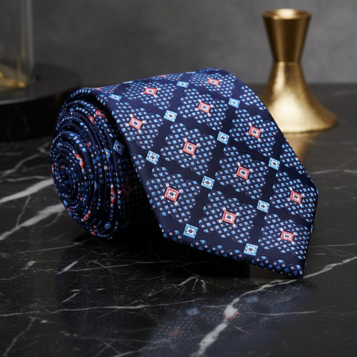 A Dark Blue, Light Blue, Salmon Abstract Geometric Diamond Pattern Pattern Necktie 
