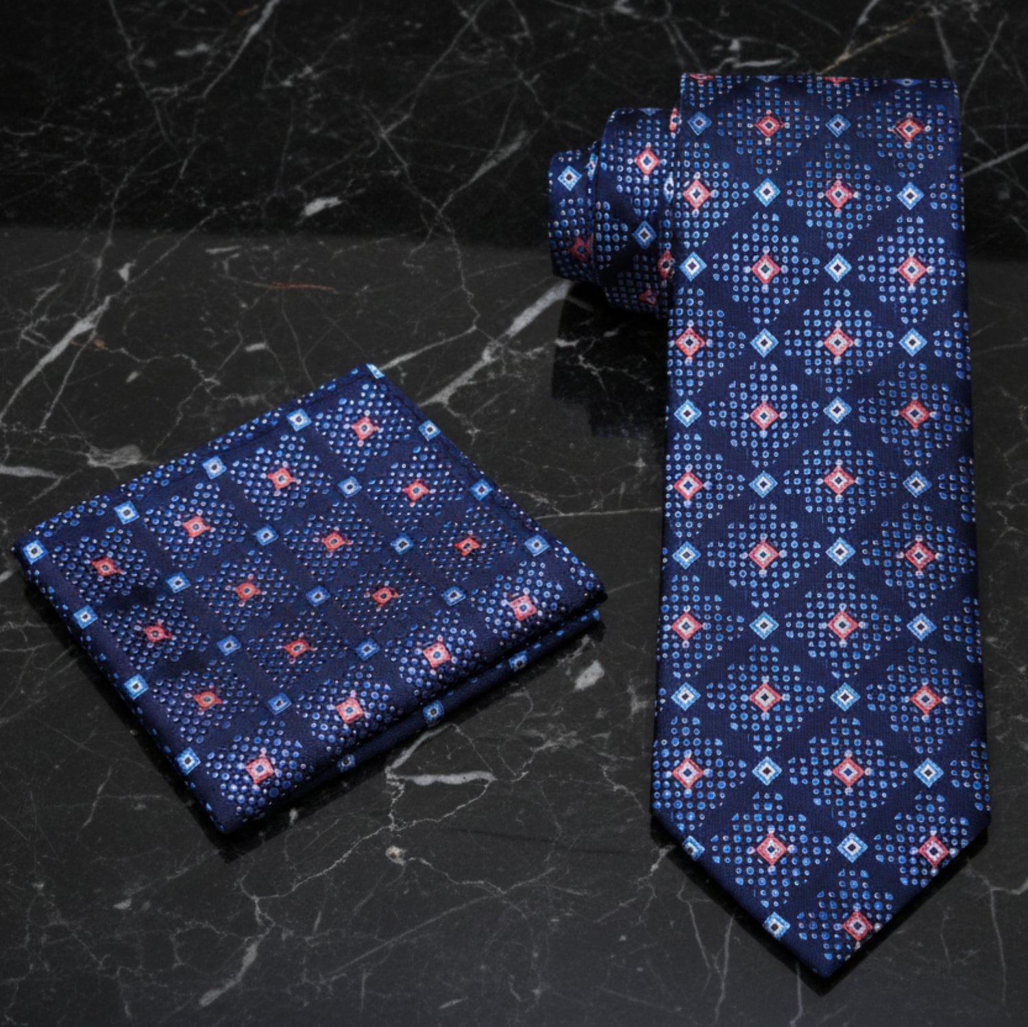 View 2: A Dark Blue, Light Blue, Salmon Abstract Geometric Diamond Pattern Pattern Necktie, Matching Pocket Square