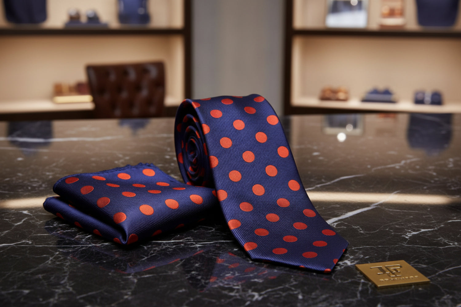 Alt View: A Blue, Orange Polka Dot Pattern Necktie, Matching Pocket Square