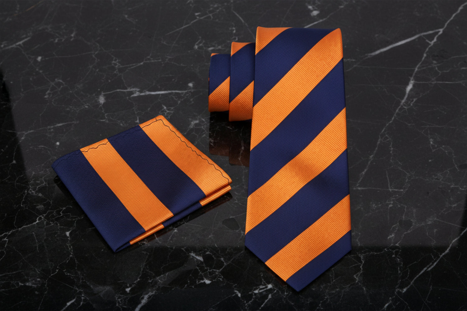 Alt View: A Orange And Blue Stripe Pattern Necktie, Matching Pocket Square