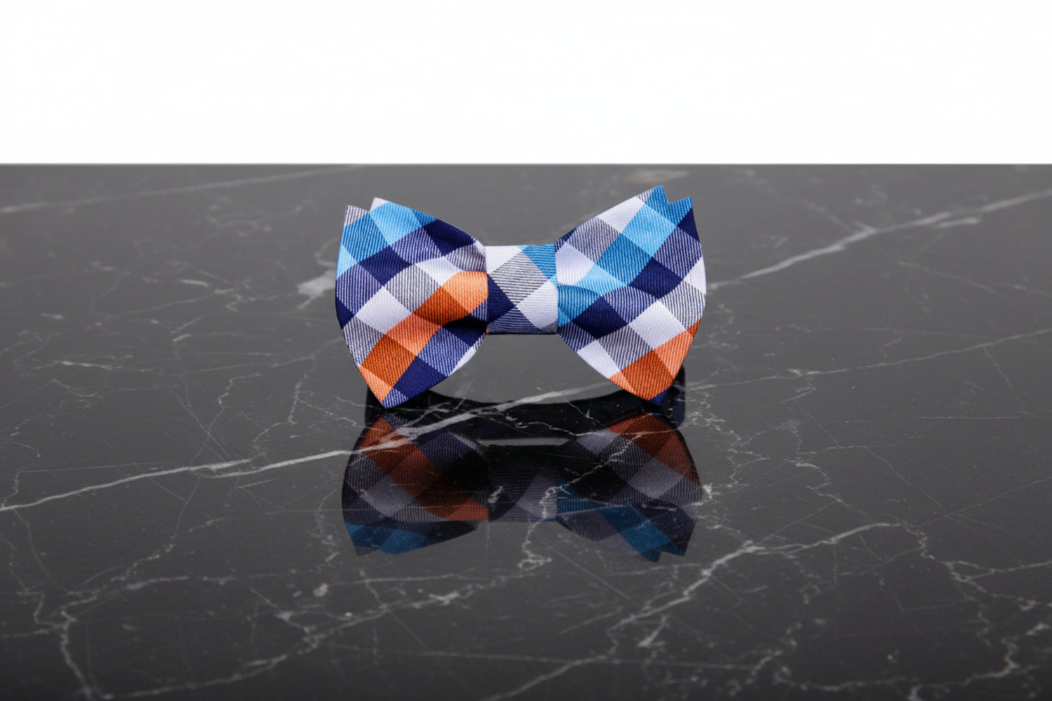 A Orange, White, Blue Geometric Check Pattern Self Tie Bow Tie