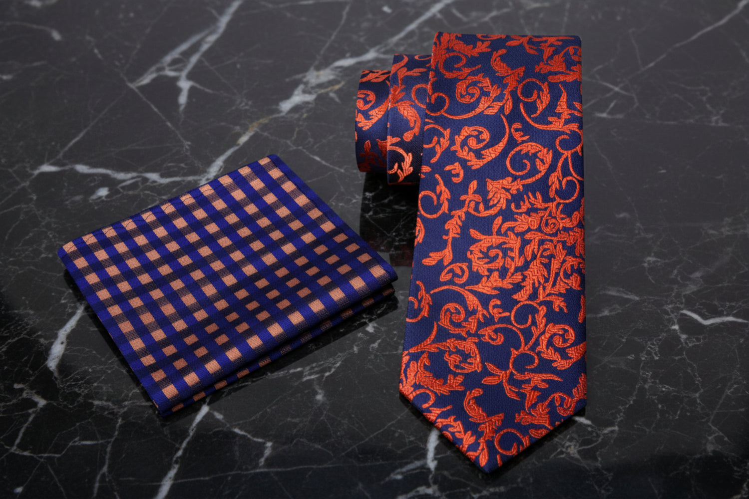 Alt View: Blue, Orange Floral Tie and Accenting Square||Blue, Orange