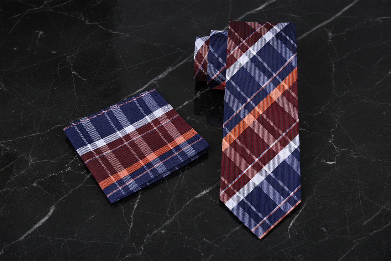 Alt View: A Blue, Burgundy, White, Orange Plaid Pattern Necktie, Matching Pocket Square