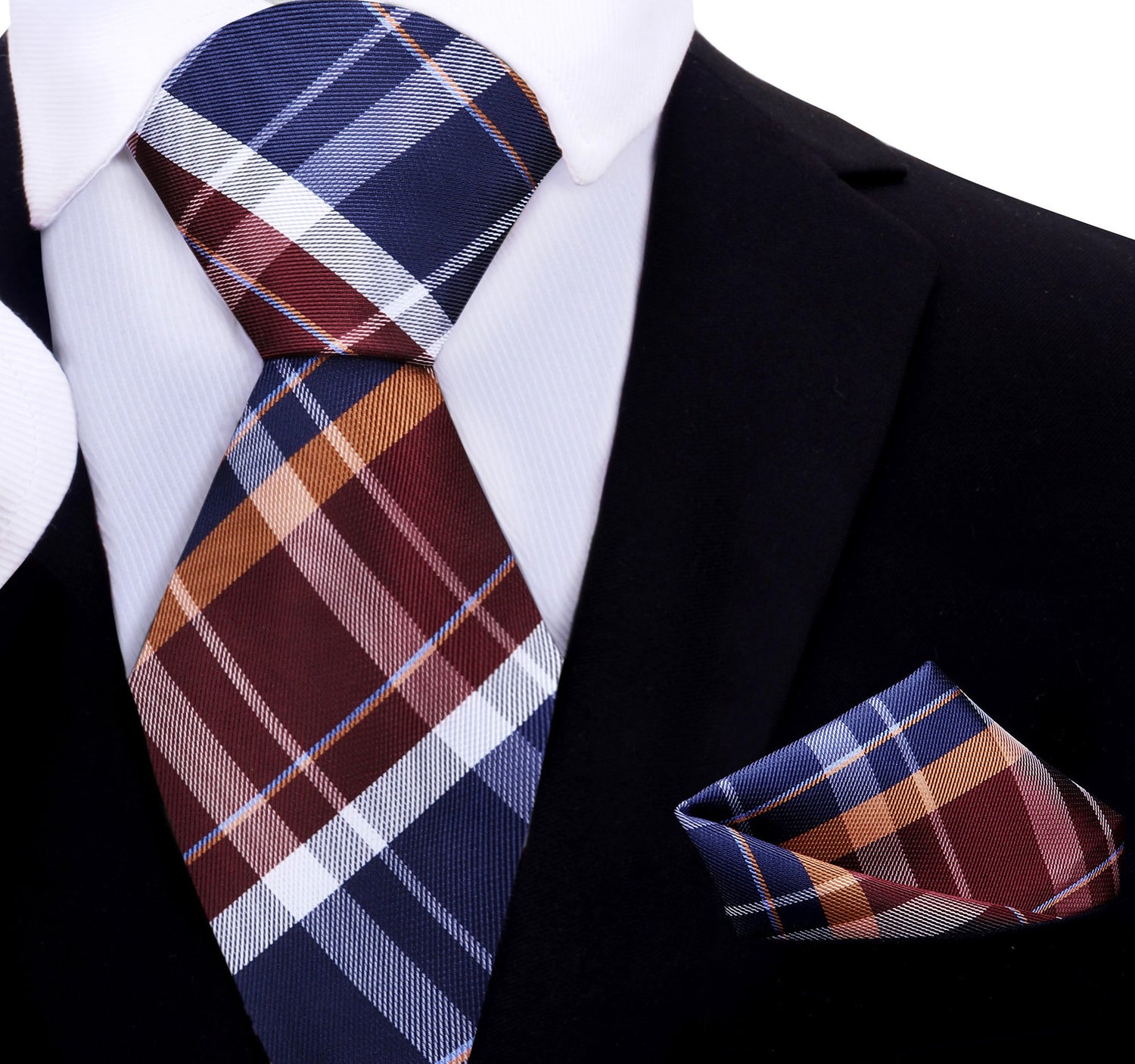 A Blue, Burgundy, White, Orange Plaid Pattern Silk Necktie, Matching Pocket Square